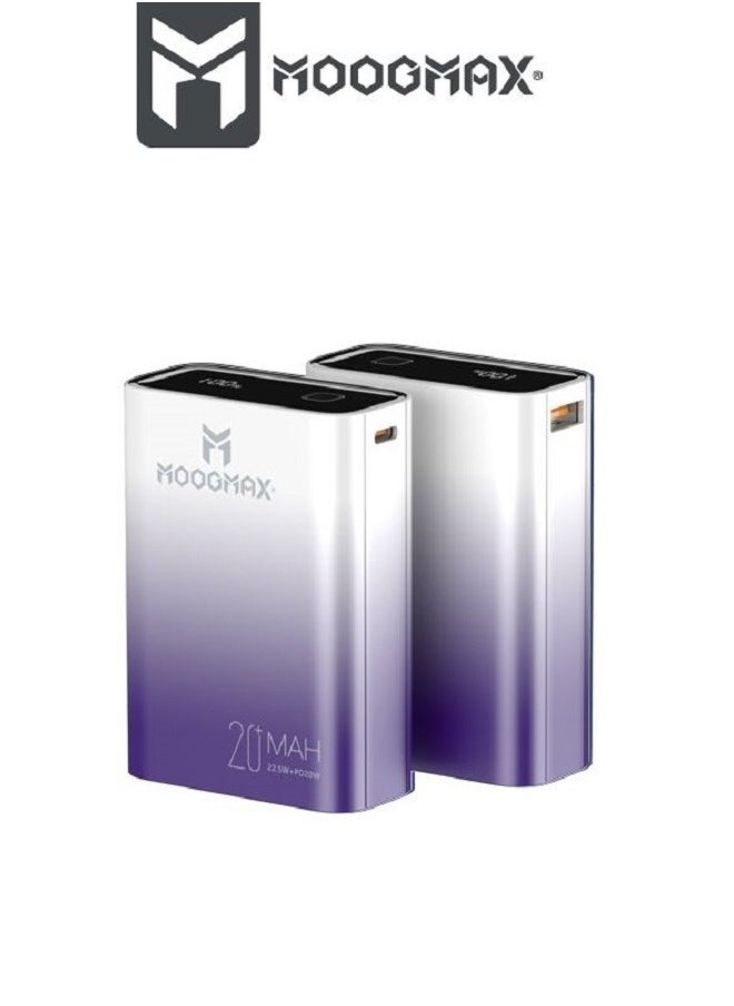 Marvel power bank 20000mAh with 22.5W, and an elegant design, small Mini size and weight, two ports (Type-C) & (USB-A), portable power bank fast charging, and a digital display screen. Gradient Purple color