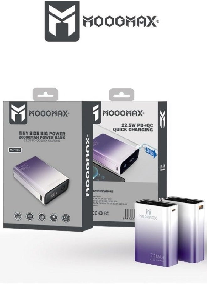 Marvel power bank 20000mAh with 22.5W, and an elegant design, small Mini size and weight, two ports (Type-C) & (USB-A), portable power bank fast charging, and a digital display screen. Gradient Purple color