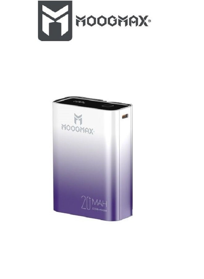 Marvel power bank 20000mAh with 22.5W, and an elegant design, small Mini size and weight, two ports (Type-C) & (USB-A), portable power bank fast charging, and a digital display screen. Gradient Purple color