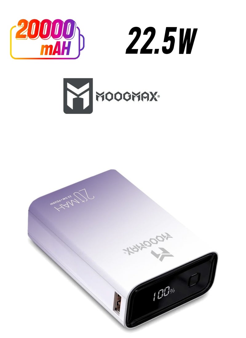 Marvel power bank 20000mAh with 22.5W, and an elegant design, small Mini size and weight, two ports (Type-C) & (USB-A), portable power bank fast charging, and a digital display screen. Gradient Purple color