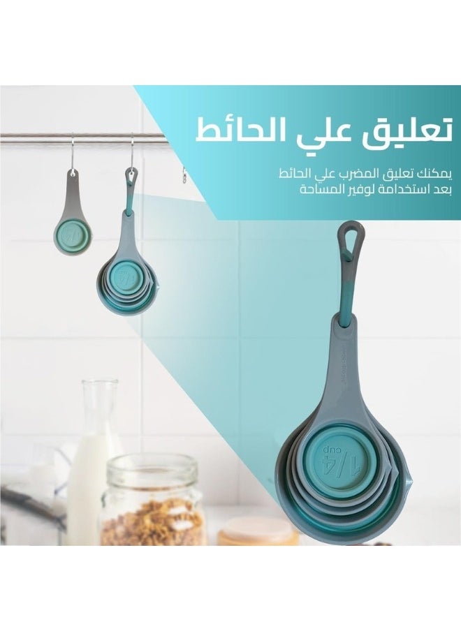 FALMER - Measuring Cup Set of 4 Sizes (59ml, 79ml, 118ml, 237ml), Collapsible Silicone Design for Space Saving, Easy Storage with Hook, Single Use Spoons - Image 1