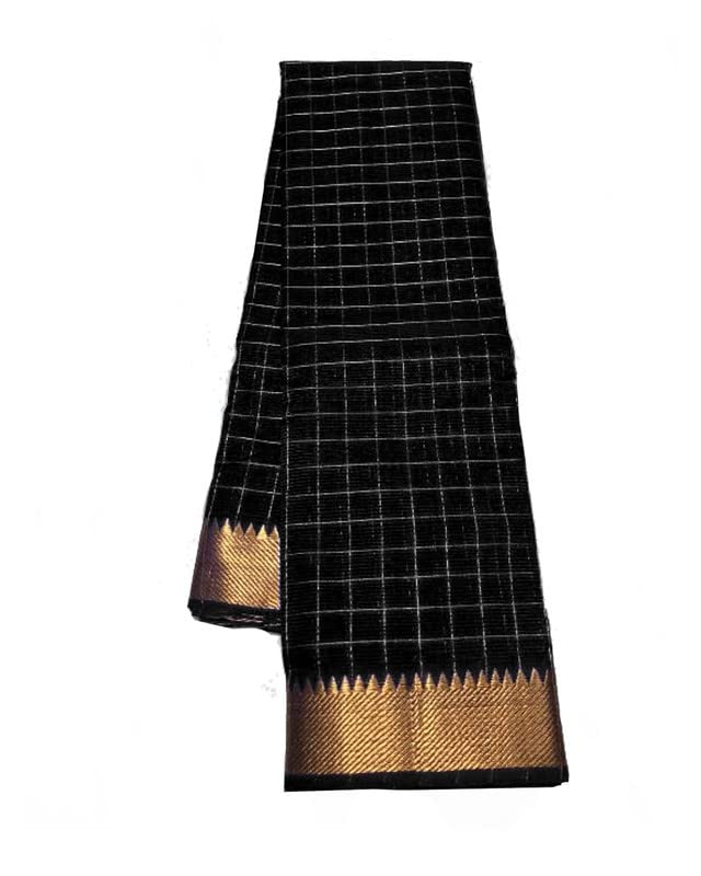 SheenKraft | Women's Cotton Silk Check Bhagalpuri Handloom Saree with Designed Zari Border and Blouse Piece-Free Size-Color Variation (11779 Gold-Black) - Image 5