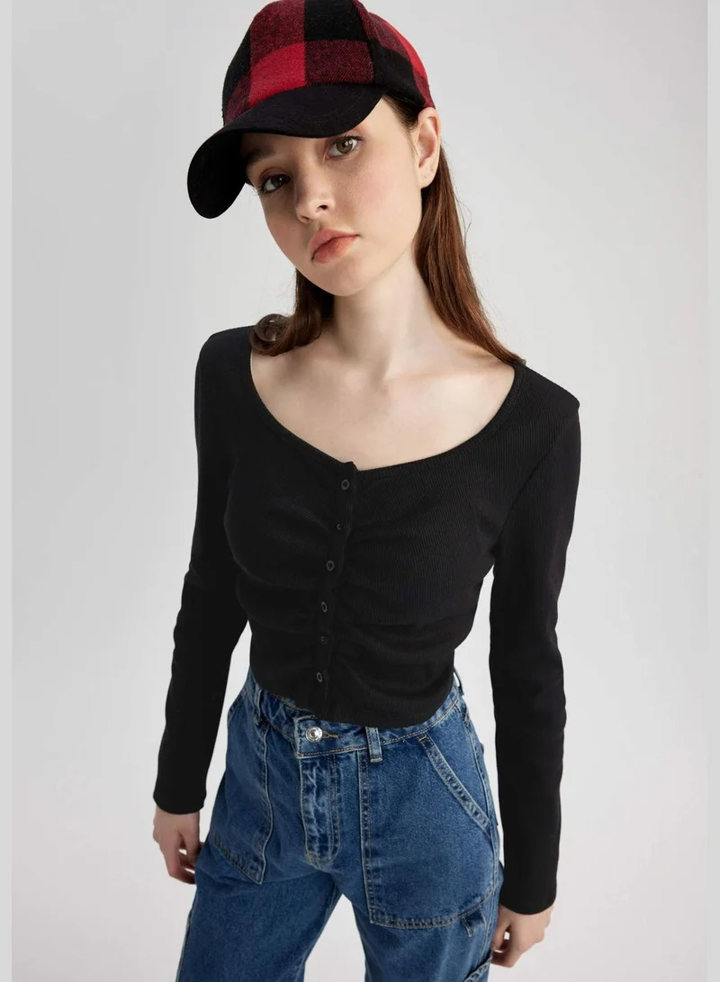 DeFacto Woman Fitted Button Neck Knitted Long Sleeve T-Shirt