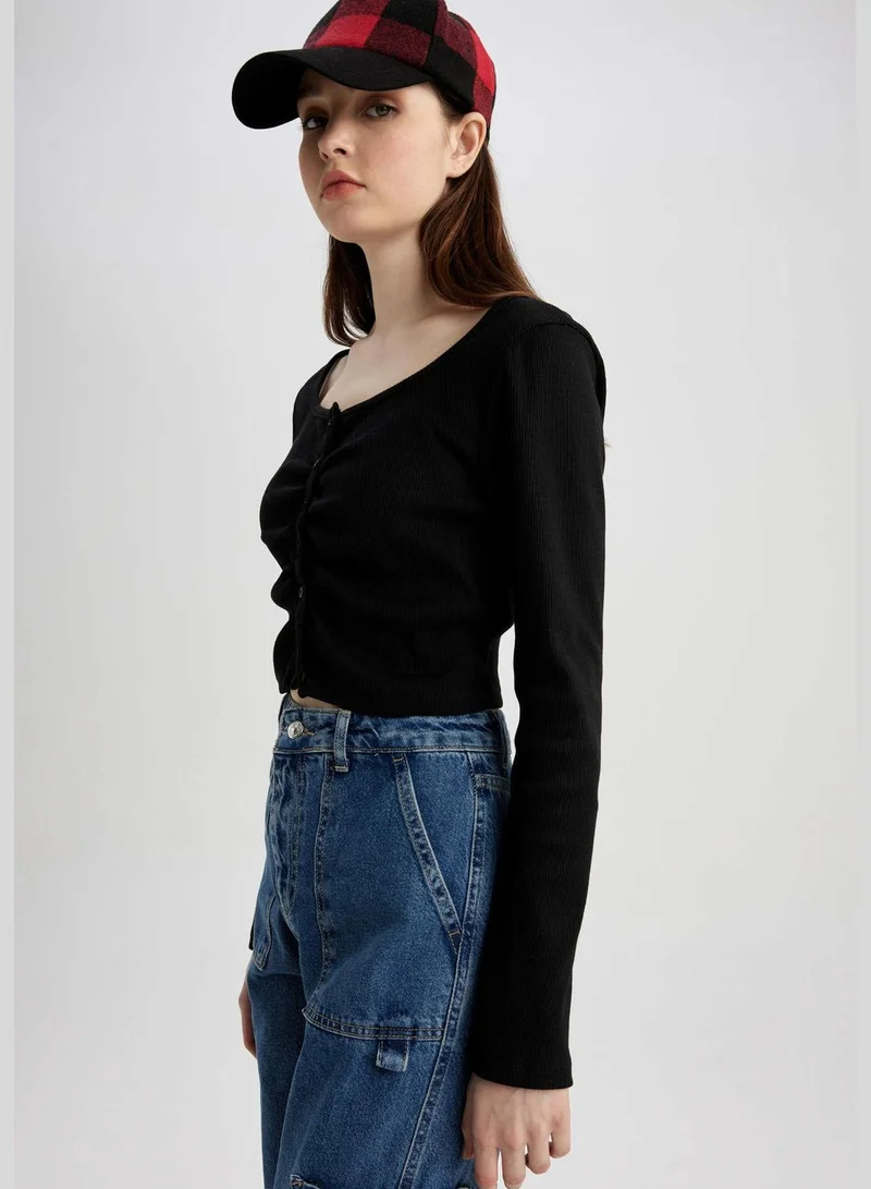 DeFacto Woman Fitted Button Neck Knitted Long Sleeve T-Shirt