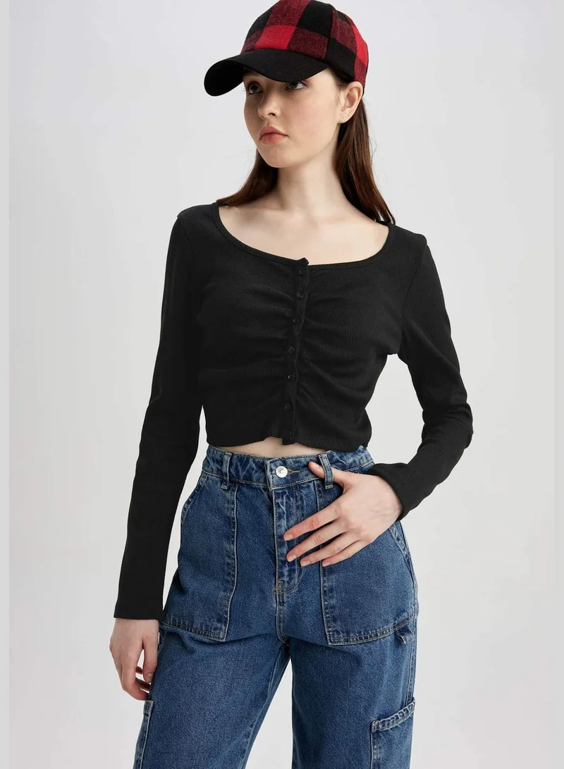 DeFacto Woman Fitted Button Neck Knitted Long Sleeve T-Shirt