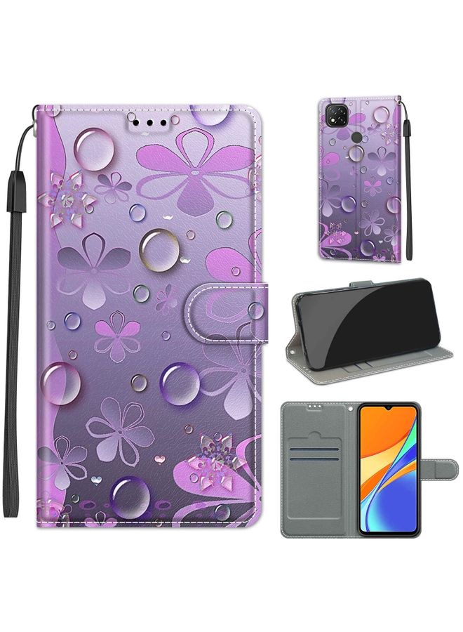 Case Cover For Xiaomi Redmi 9C Voltage Coloured Drawing Magnetic Clasp Horizontal Flip PU Leather Case with Holder & Card Slots C16 Water Drop Six Petal Flower
