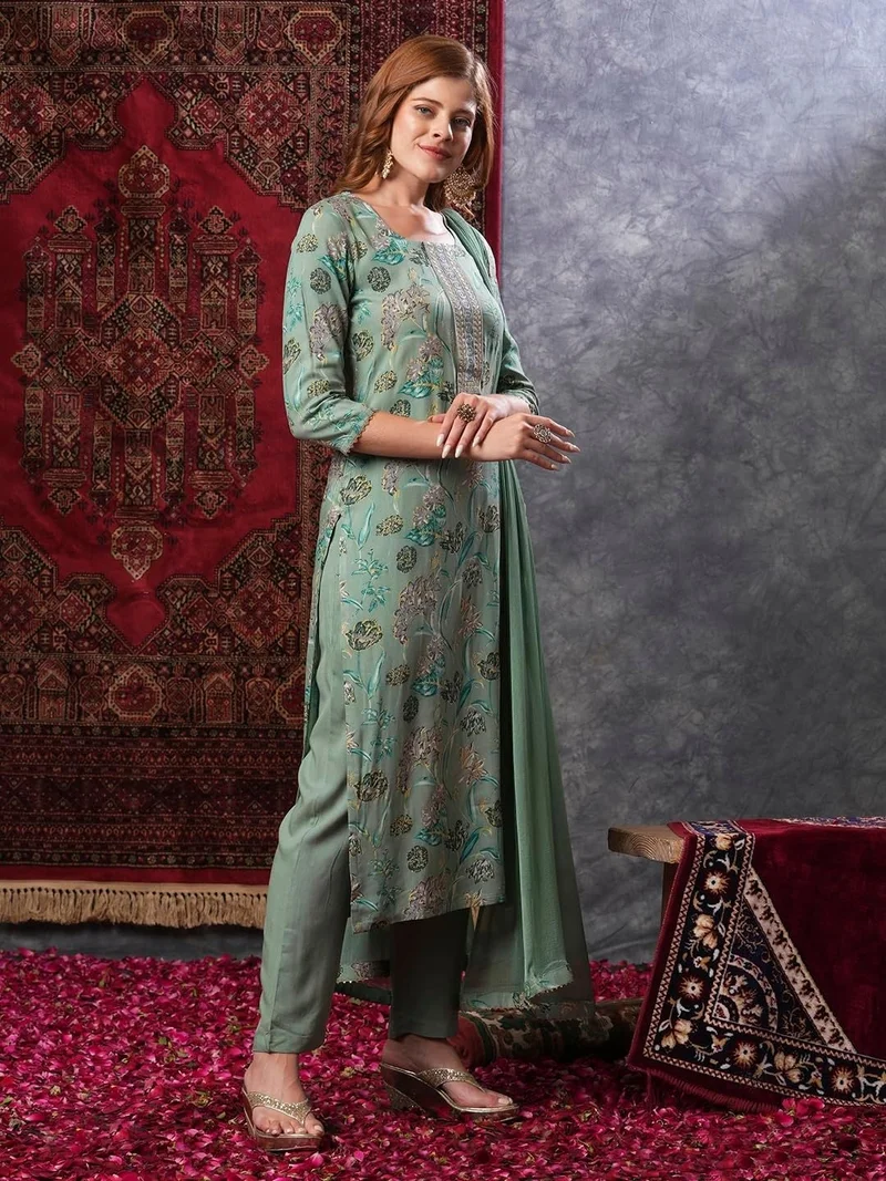 جو سريكي مزيج من الرايون النسائي من GoSriKi كورتا مستقيمة مطبوعة مع بنطال ودوباتا (VICE Green-VKS02-GS_S_Green_Small)