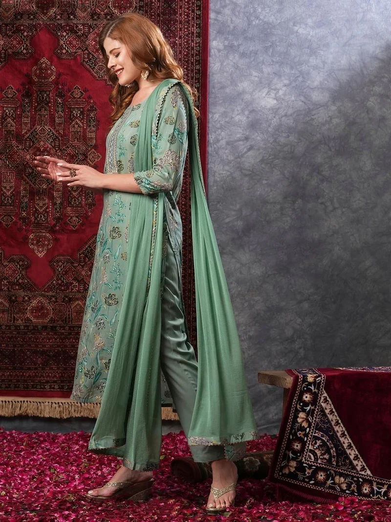 GoSriKi Green GoSriKi Women's Rayon Blend Printed Straight Kurta with Pant & Dupatta (VICE Green-VKS02-GS_S_Green_Small) for Women | Best Price UAE