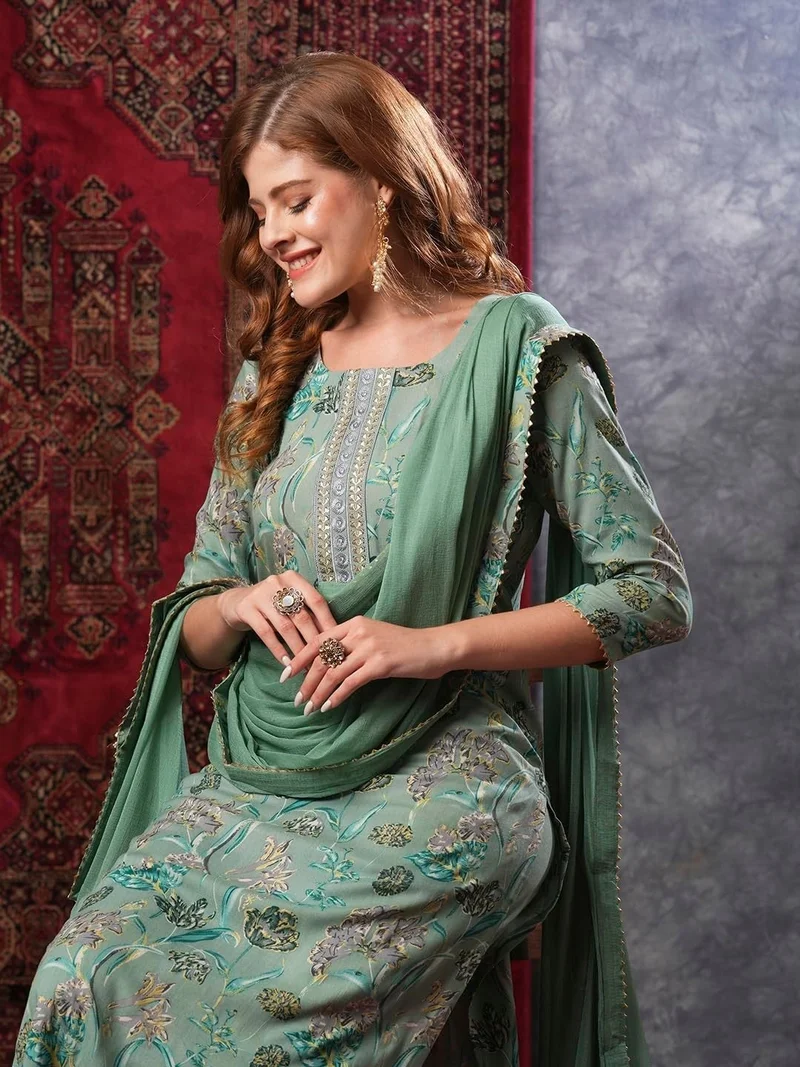 GoSriKi Green GoSriKi Women's Rayon Blend Printed Straight Kurta with Pant & Dupatta (VICE Green-VKS02-GS_S_Green_Small) for Women | Best Price UAE