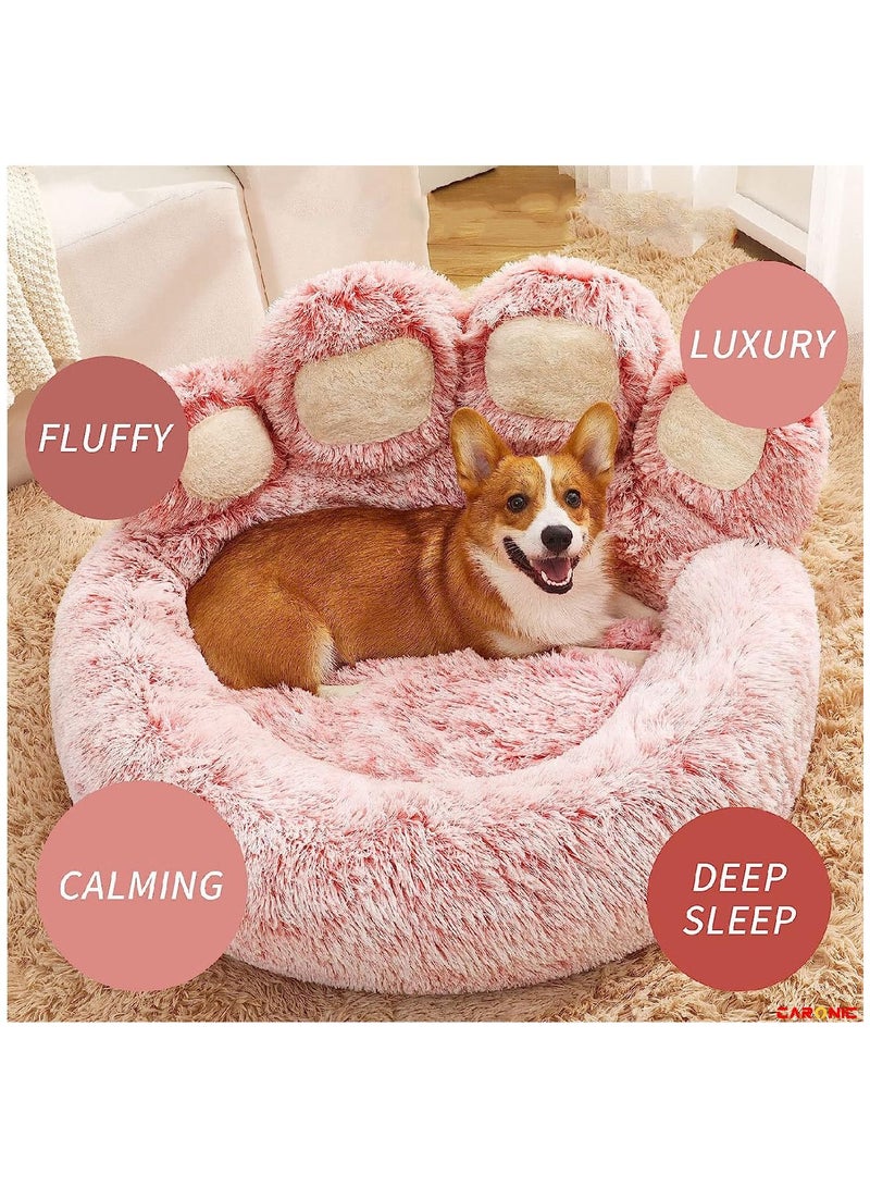 CARONIC Pet Round Bed of Paw Shape Calming Donut Dog Bed For Small Dog Faux Fur Cat Bed for Cat Comfortable And Soft Pink  - Image 3