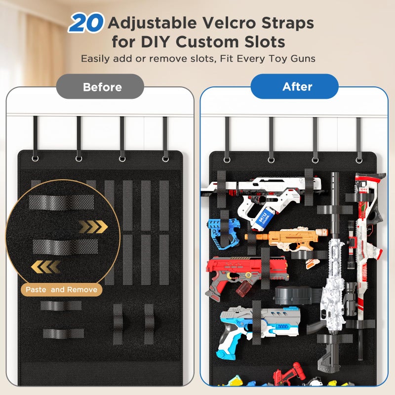 Mefirt Over the Door Organizer for Toy Guns, Toys Storage Door Hanger with Pockets and Slots for Kids Foam Blasters, Darts, Goggles, Over Door Toy Guns Storage Organizer, for Kids Rooms, Game Rooms, Black - Image 3
