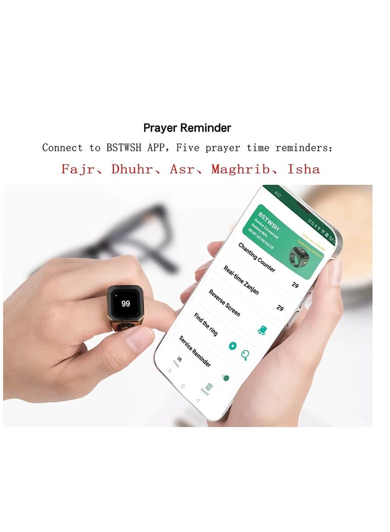خاتم ذكي من سبائك الزنك المعدني للذكر والتسبيح – عداد تسبيح رقمي مع بلوتوث، تذكير بمواقيت الصلوات الخمس، شاشة OLED، تنبيهات بالاهتزاز، وحافظة شحن قابلة لإعادة الشحن - مقاس 20مم - Image 4