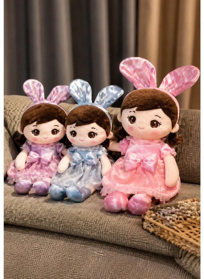 DAT 60cm Soft Plush Doll with Plaid Bunny Ears, Braided Hair & Pastel Dress - Cute Huggable Companion - Image 3