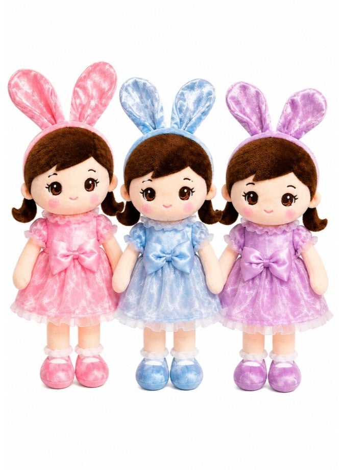 DAT 60cm Soft Plush Doll with Plaid Bunny Ears, Braided Hair & Pastel Dress - Cute Huggable Companion - Image 2