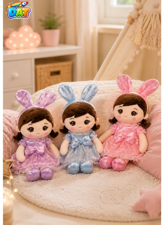 DAT 60cm Soft Plush Doll with Plaid Bunny Ears, Braided Hair & Pastel Dress - Cute Huggable Companion - Image 5