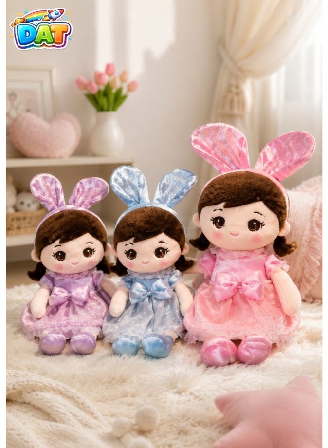DAT 60cm Soft Plush Doll with Plaid Bunny Ears, Braided Hair & Pastel Dress - Cute Huggable Companion - Image 4