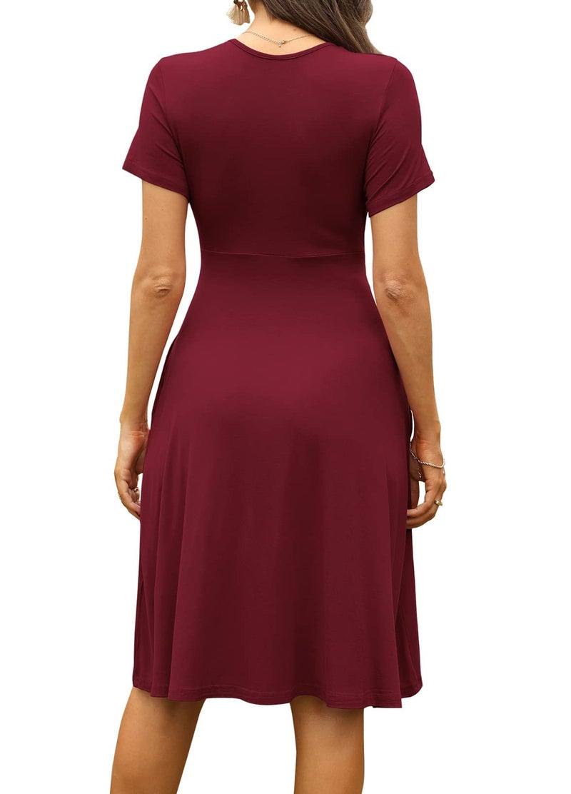 WEACZZY Womens Summer Dress Wrap V-Neck Party Dress Knee Length Casual Dresses for Women,Wine Red,L - Image 4