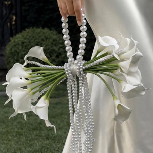Yinder 14 Pcs Calla Lily Bridal Bouquet with Pearl Handle Bridal Pearly Wedding Bouquet with Flowers with Pearl Bead for Wedding Marriage Party Church Bridesmaid - Image 1
