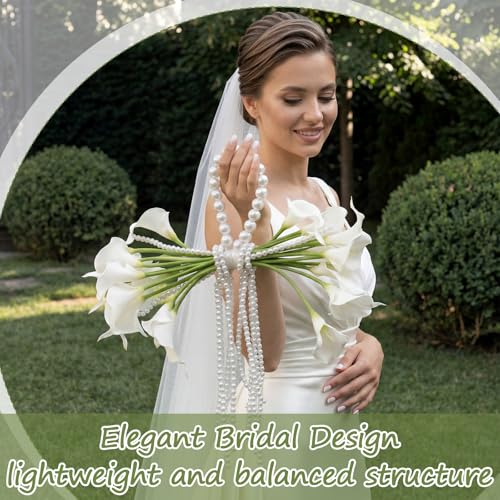 Yinder 14 Pcs Calla Lily Bridal Bouquet with Pearl Handle Bridal Pearly Wedding Bouquet with Flowers with Pearl Bead for Wedding Marriage Party Church Bridesmaid - Image 3