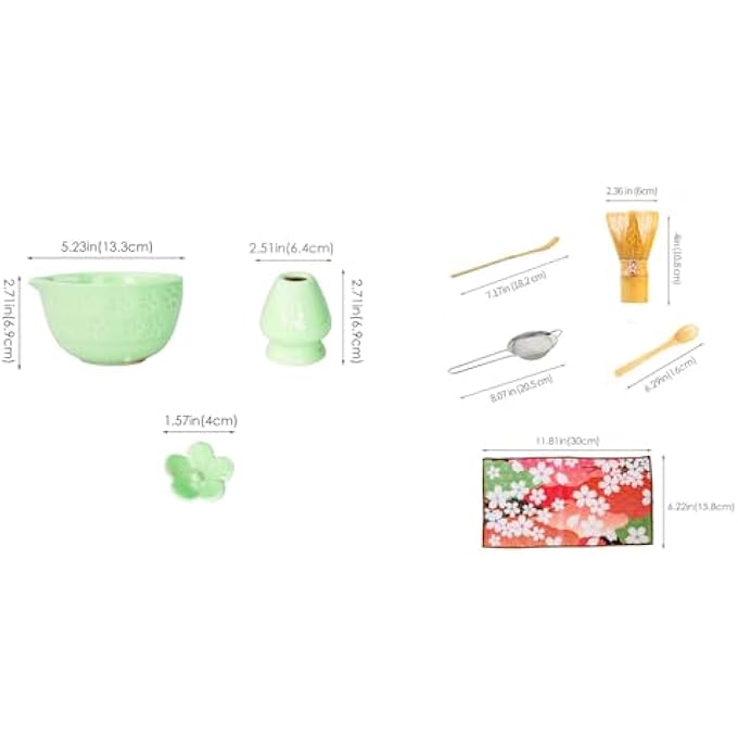 Pepisk 8 Pcs Matcha Set Japanese Tea Set With Cherry Blossom Bowl Bamboo Whisk Wood Scoops Tea Cloth  Floral Display 18 Oz Mottled Tea Green Glaze Ceramic Matcha Kit For Tea Lovers - Image 4