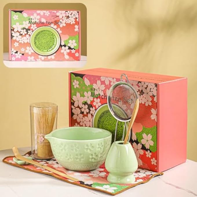 Pepisk 8 Pcs Matcha Set Japanese Tea Set With Cherry Blossom Bowl Bamboo Whisk Wood Scoops Tea Cloth  Floral Display 18 Oz Mottled Tea Green Glaze Ceramic Matcha Kit For Tea Lovers - Image 3