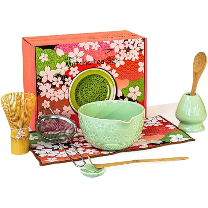 Pepisk 8 Pcs Matcha Set Japanese Tea Set With Cherry Blossom Bowl Bamboo Whisk Wood Scoops Tea Cloth  Floral Display 18 Oz Mottled Tea Green Glaze Ceramic Matcha Kit For Tea Lovers - Image 1