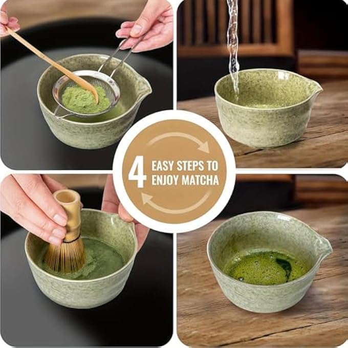 Pepisk 8 Pcs Matcha Set Japanese Tea Set With Cherry Blossom Bowl Bamboo Whisk Wood Scoops Tea Cloth  Floral Display 18 Oz Mottled Tea Green Glaze Ceramic Matcha Kit For Tea Lovers - Image 5