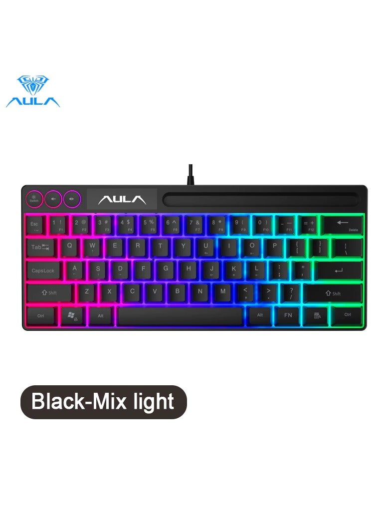 أولا لوحة مفاتيح ميكانيكية سلكية AULA F3061 للكمبيوتر المحمول وسطح المكتب ولوحة مفاتيح ألعاب صغيرة مكونة من 61 مفتاحًا للاعبي المكتب - أسود - Image 1