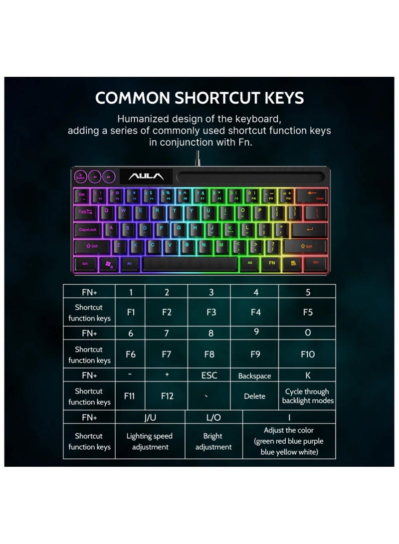 أولا لوحة مفاتيح ميكانيكية سلكية AULA F3061 للكمبيوتر المحمول وسطح المكتب ولوحة مفاتيح ألعاب صغيرة مكونة من 61 مفتاحًا للاعبي المكتب - أسود - Image 4