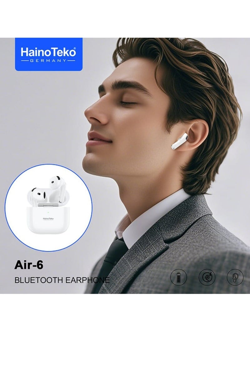 Haino Teko Air-6 Bluetooth Earphones With Built-in Speaker Multi Functional Touch Control and Microphone Compatible With Android Mobile and Tablets White - Image 3