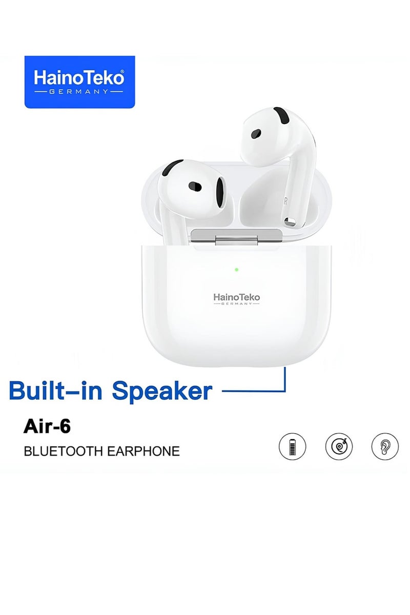 Haino Teko Air-6 Bluetooth Earphones With Built-in Speaker Multi Functional Touch Control and Microphone Compatible With Android Mobile and Tablets White - Image 1
