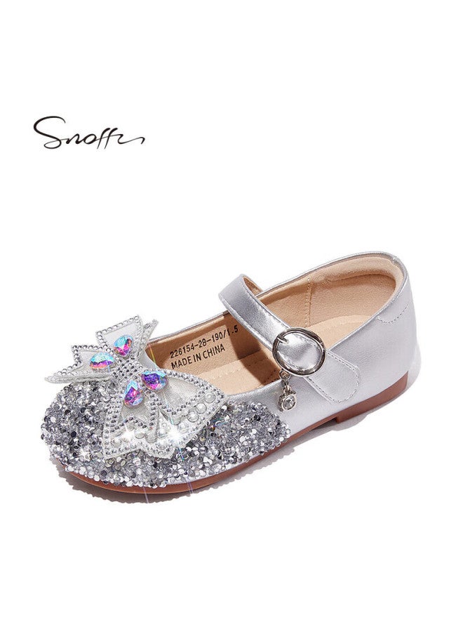 Snoffy حذاء جلد ربيعي وخريفي، أحذية أميرات للفتيات، أحذية كريستال متينة للأطفال الكبار، أحذية أداء مريحة للأطفال، فضي قمري، المقاس 29 - Image 3