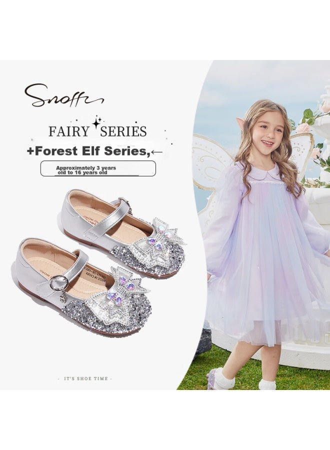 Snoffy حذاء جلد ربيعي وخريفي، أحذية أميرات للفتيات، أحذية كريستال متينة للأطفال الكبار، أحذية أداء مريحة للأطفال، فضي قمري، المقاس 29 - Image 1