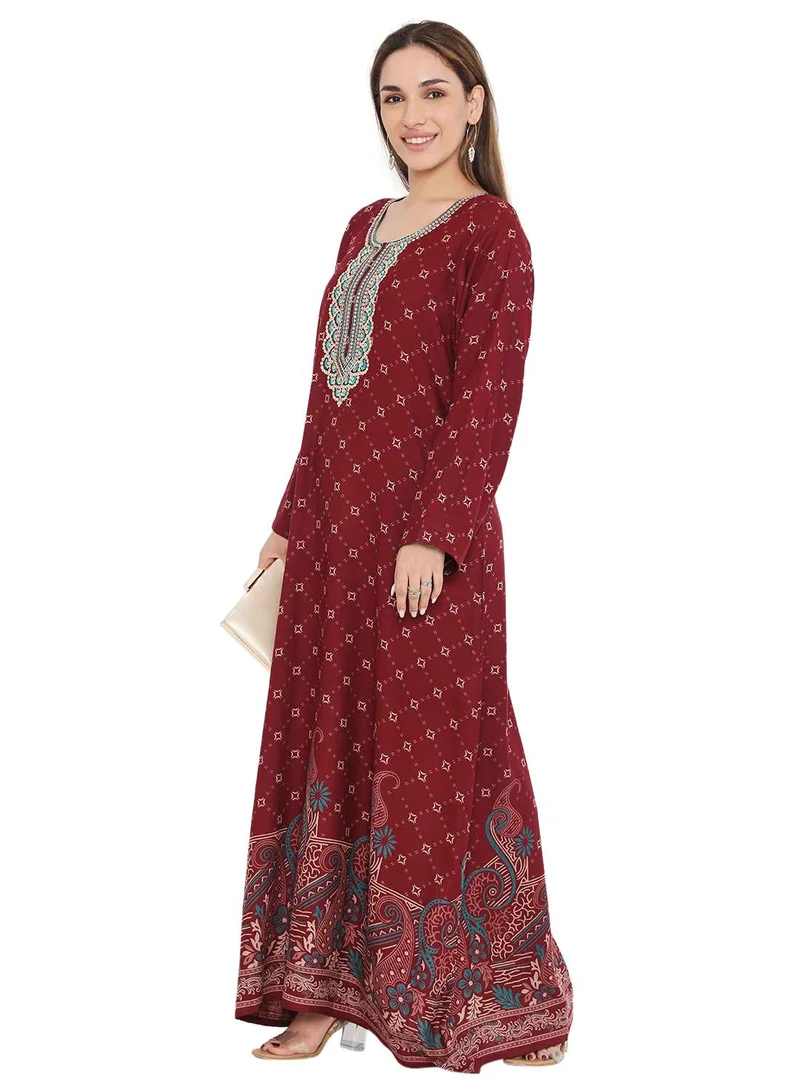 هانا آند سارا LONG PRINTED VISCOSE EMBROIDERED ARABIC KAFTAN JALABIYA DRESS