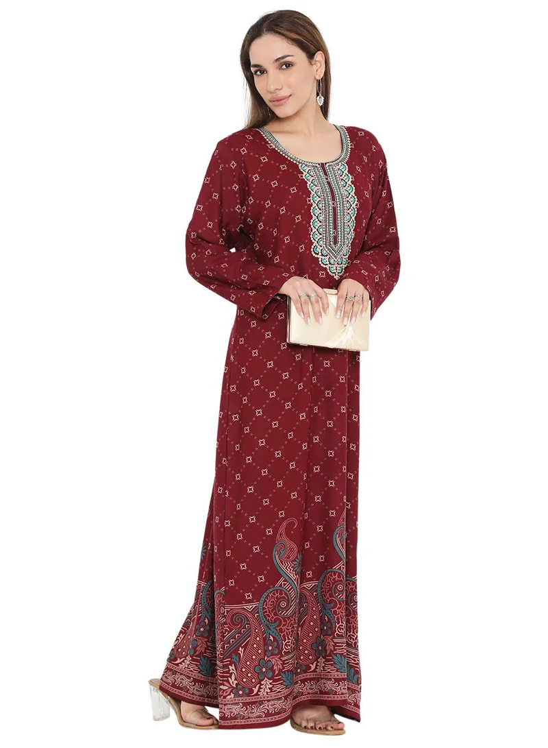 هانا آند سارا LONG PRINTED VISCOSE EMBROIDERED ARABIC KAFTAN JALABIYA DRESS
