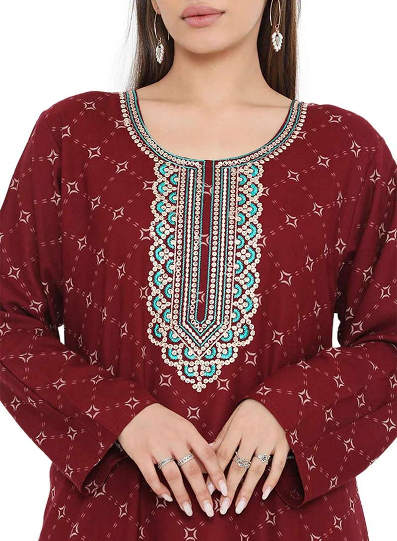 هانا آند سارا LONG PRINTED VISCOSE EMBROIDERED ARABIC KAFTAN JALABIYA DRESS