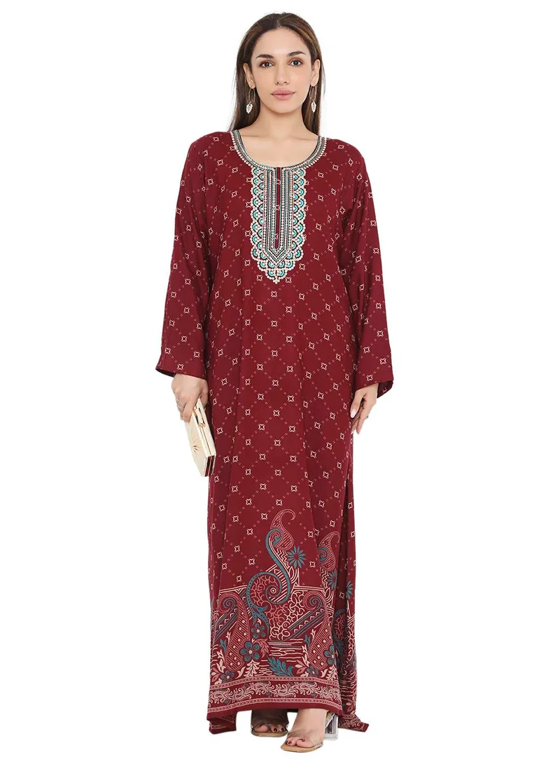 هانا آند سارا LONG PRINTED VISCOSE EMBROIDERED ARABIC KAFTAN JALABIYA DRESS