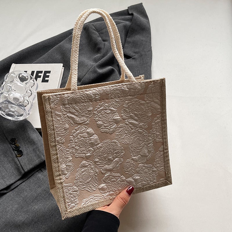 Linen Tote Bag for Women Lunch Box Carry Pouch Khaki zipper style 