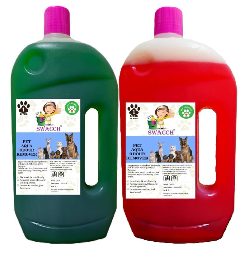 swacch Pet Aqua Odour Remover Liquid I Pet Safe Deodorizer for Home & Pet Areas I 1 Litre Combo Pack of 2 Mogra & Strawberry - Image 1