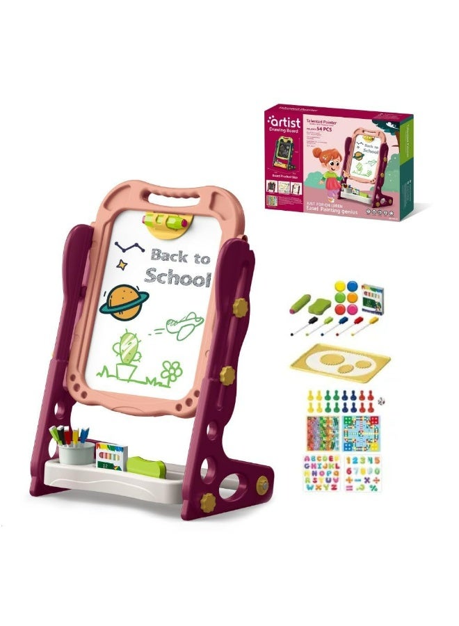 2-in-1 Kids Drawing Board Easel with Magnetic Whiteboard & Blackboard, 54 PCS Art Set, Height Adjustable Learning Toy - Image 2