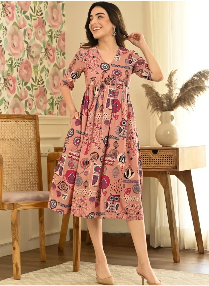 ZERESOUQ Dusty Pink Abstract Print Flared Dress