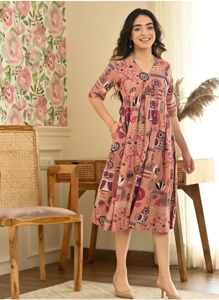 زيري سوق Dusty Pink Abstract Print Flared Dress