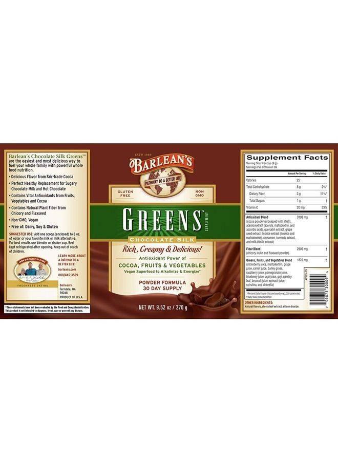 BARLEAN'S Chocolate Greens Powder, Daily Fruits & Veggies Superfood Supplement, Green Antioxidant Blend & Fiber Super Power Smoothie Mix, 9.52 oz - Image 2