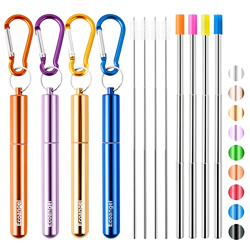 Ecoangel Ecoangel Cruise Ship Essentials4Pack reusable Collapsible Stainless Steel Drinking Straws with Aluminum CaseCleaning Brushand Keychains Gold  purple  orange  blue