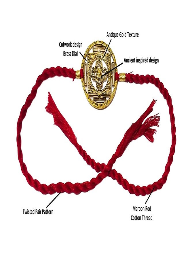 ATHZ Brass Rakhi Maroon Red Thread Bhaiya Rakhis Cutwork Brass Antique Gold Dial Made in India Rakhis for Brothers | Men | Boys | Brothers - Image 3