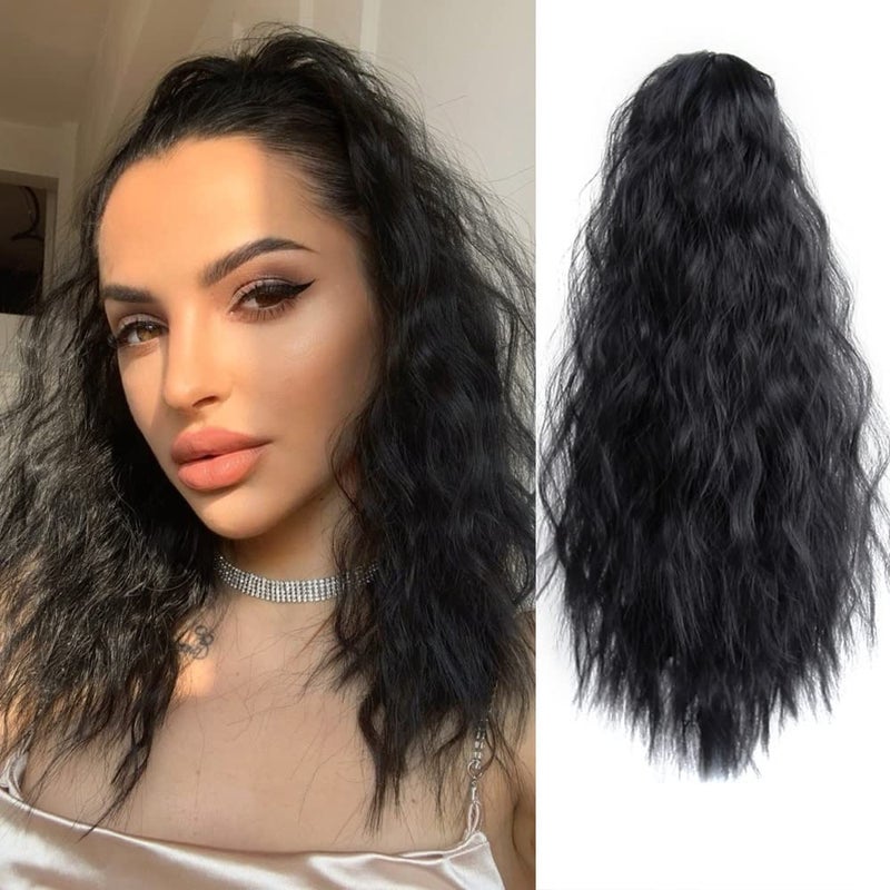 StrRid Wavy Ponytail Extension Claw Clip for Black Women 18 Synthetic Curly Clips in Pony Tails Hair Extensions Wigs Fluffy Heat Resistant Hairpieces for Wedding Party Daily Use 6 Oz Natural Black