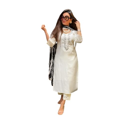 Shiv Textiles Women's Viscose Rayon Embroidered Kurta Pant Dupatta Set(JDA-RESHMA-CREAM-2XL) - Image 1
