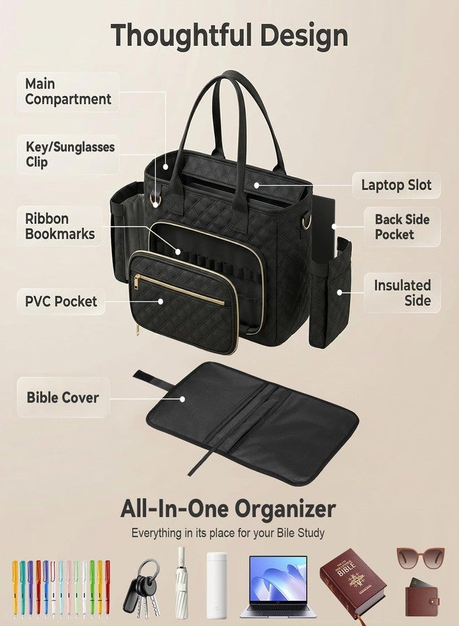 EAONE Bible Bag with Bible Cover Case for Women, Large Quilted Church Bag Organizer Bible Cover for Bible Study Supplies, Black, Large - Image 3