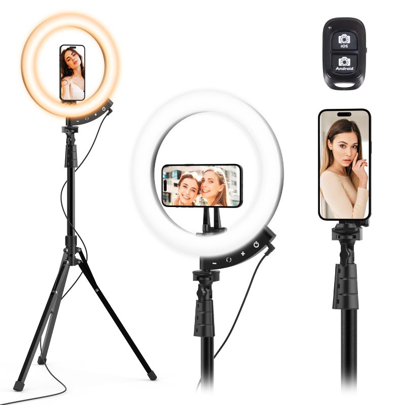 UBeesize 12 LED Ring Light with 62 Tripod Stand and Magnetic Phone Holder Selfie Ring Light for Video Recording Live Streaming Compatible with iPhone Android Black - Image 2