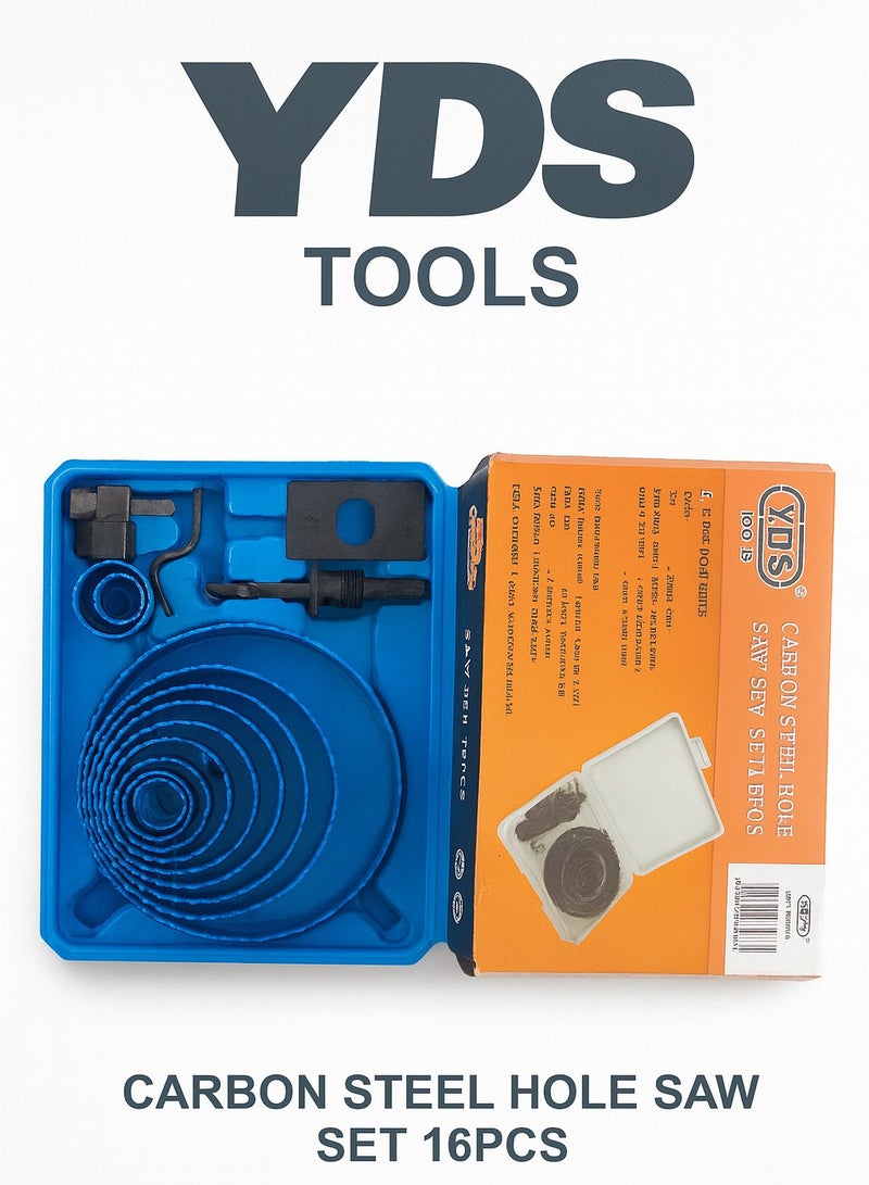 YDS 16-Piece Carbon Steel Hole Saw Set (19–127 mm) with 3/8" & 1/4" Arbors, Pilot Drill & Hex Key in Hard Carry Case – Ideal for Wood, PVC & Drywall (Model YDS-10006238)For Softwood, Plywood, Plastic Plates, Plasterboard & Thin PVC - Image 1